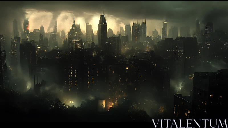Noir megacity skyline under storm-lit atmospheric haze