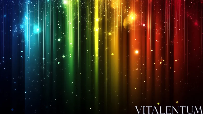 Cascading rainbow light streams glow gently in the dark