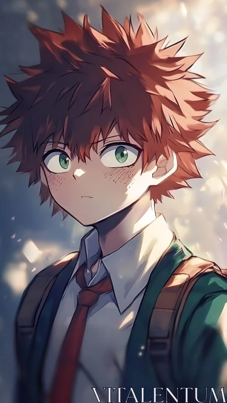Anime schoolboy portrait shows green-eyed student character
