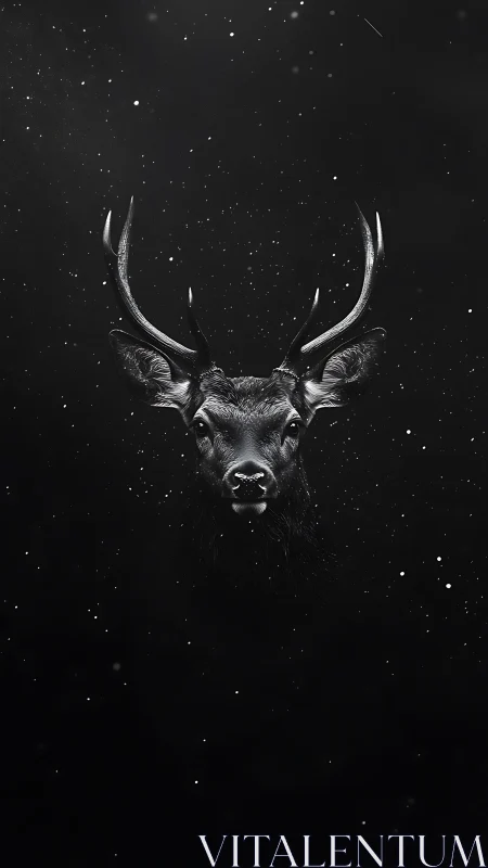 Stag head in dark space with subtle falling snowflakes.
