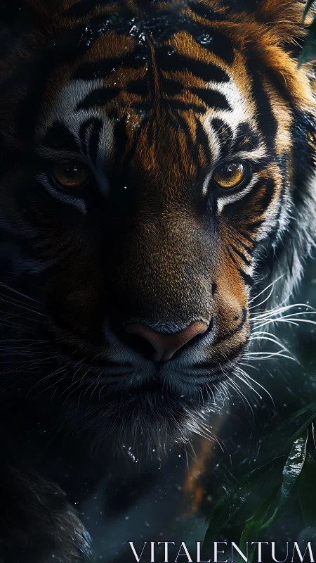 Close-up tiger portrait with intense golden eyes in shadow.