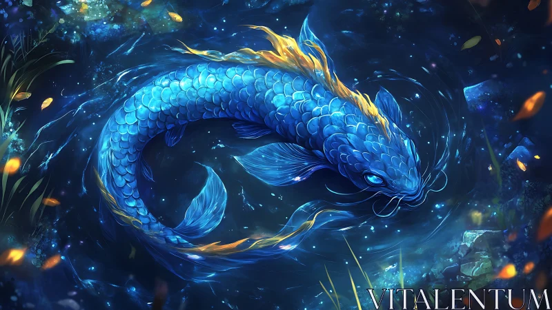 Celestial koi dragon swirls through luminous midnight waters.