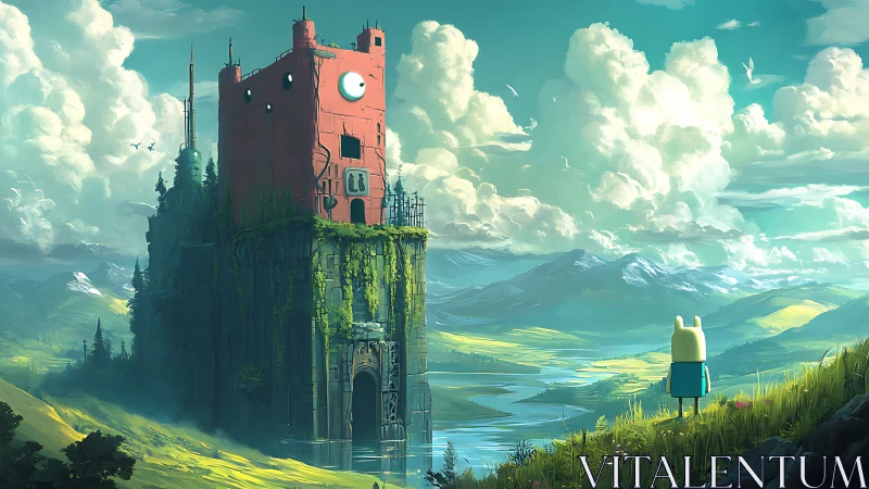 Curious adventurer gazes toward a towering mossy red keep