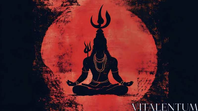 Silhouetted Shiva meditates before a burning red sun.