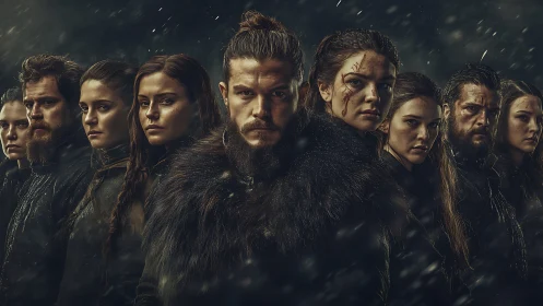 Fierce winter warriors standing shoulder to shoulder in storm.