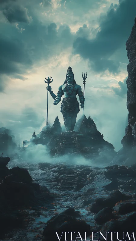 Monumental trident-bearing deity statue in misted terrain.