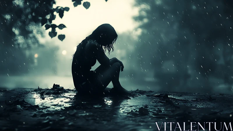 Solitary figure in rain-soaked nightscape, contemplative mood.