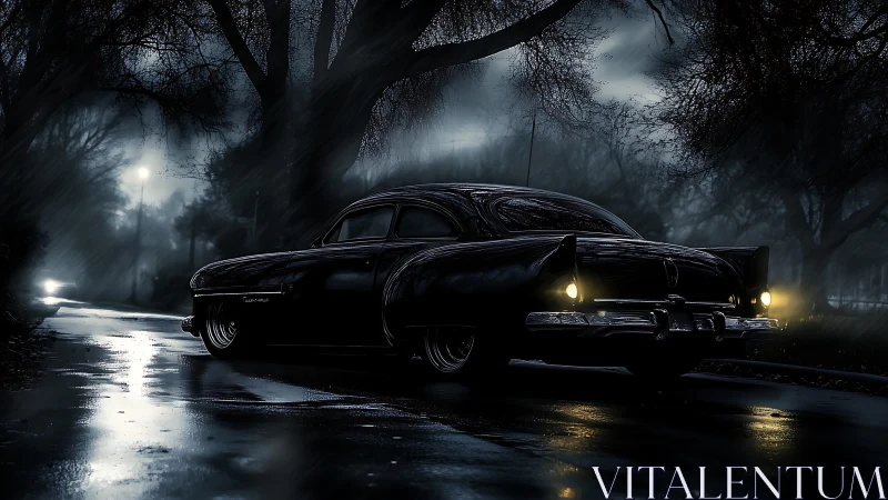 Noir vintage sedan under rain-soaked streetlights at night.