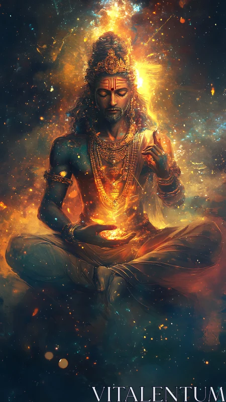 Cosmic meditating deity amid radiant celestial fire.