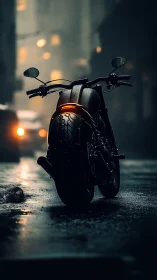 Midnight cruiser motorcycle in rain soaked city alleyway.