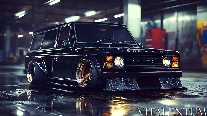 Low-slung custom black SUV in reflective garage scene.