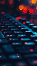 Low-key macro keyboard with bokeh highlights and RGB glow