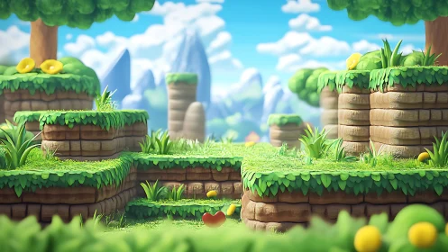 Vibrant 3D platformer landscape with brick platforms and golden coins.