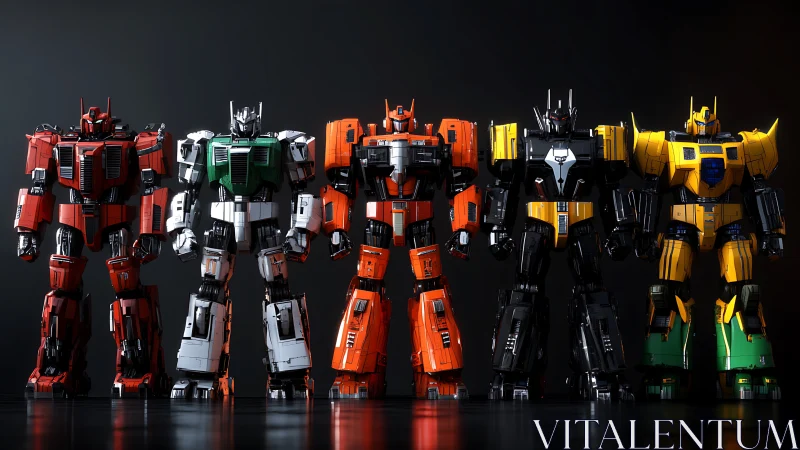 3D lineup of articulated mecha units in high-gloss studio lighting.