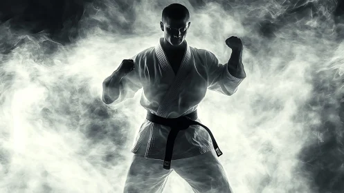 Martial artist silhouette emerges in dramatic high-contrast smoke