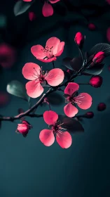 Neon Pink Blossoms Against Dark Teal Background.