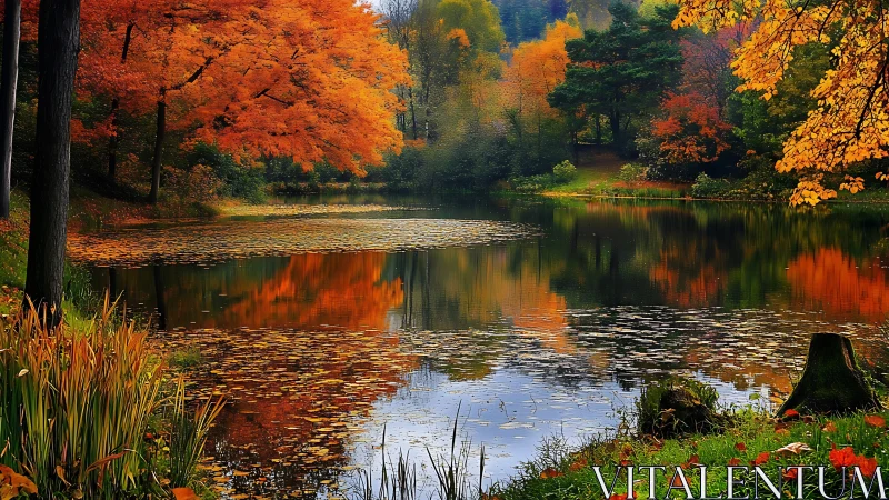 Golden autumn lakeside glows with calm water reflections
