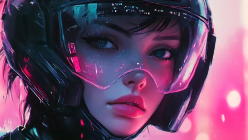 Cybernetic pilot portrait under neon magenta bokeh light