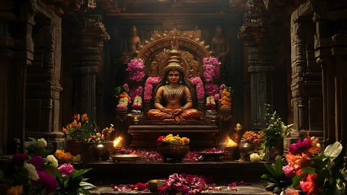 Intricately lit temple sanctum with adorned deity and dense floral offerings
