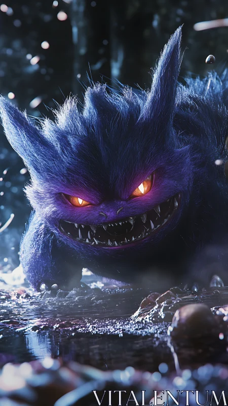 Glowing eyed creature crouches playfully in a misty forest pool