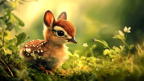 Young fawn rests in luminous forest clearing among clover