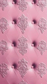 Pink tufted leather panel with embossed baroque motifs.