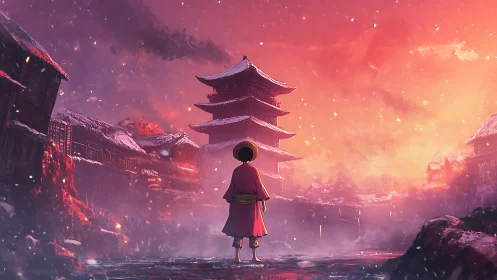 Wanderer in crimson snowfall before a dreaming pagoda.