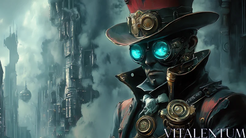 Steampunk wanderer glowing against a misty sky city.