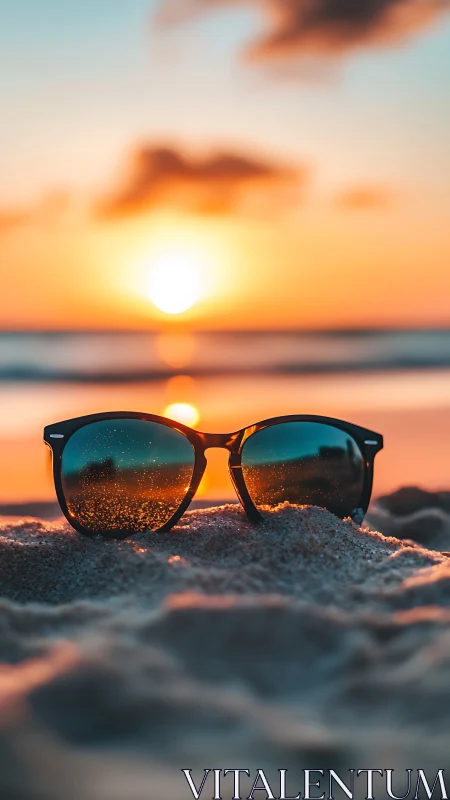 Sunset-kissed sunglasses dreaming in glowing beach sand.