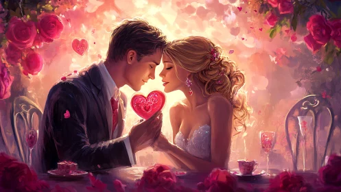 Romantic couple exchanging glowing heart under rose garden.