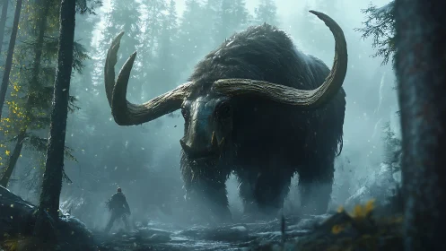 Forest titan confronts lone wanderer in mistbound standstill.