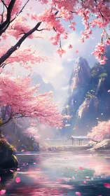 Mountain river shrine under luminous cherry blossom canopy