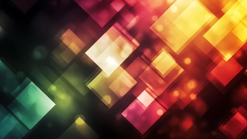 Vibrant geometric squares abstract art with glowing colorful lights.