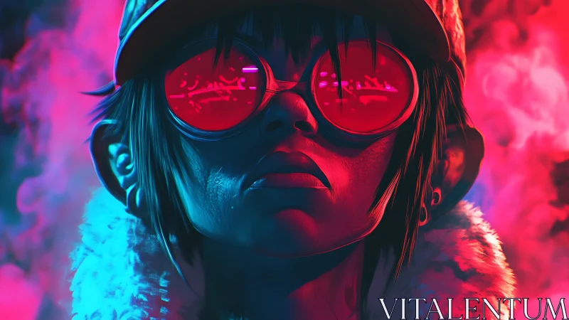 Neon lit portrait of youth in red glasses and cap.