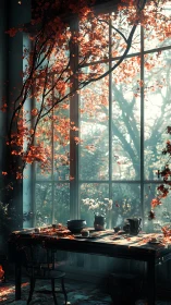 Sunlit garden window embracing a quiet, cozy table scene.