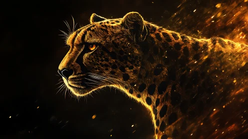 Lioness portrait with golden light effect on black background