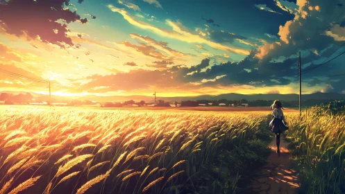 Sunlit wheat field path at sunset with lone schoolgirl walking.