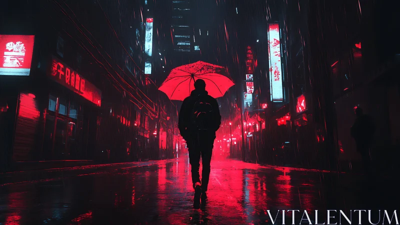 Neon rain-walker under scarlet umbrella in cyber city night.