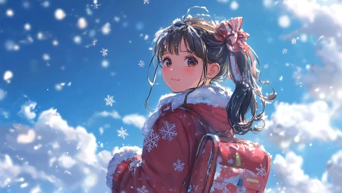 Girl in red winter coat stands in snowfall under blue sky