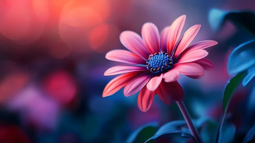 Pink Daisy with Blue Center Against Blurred Gradient Background