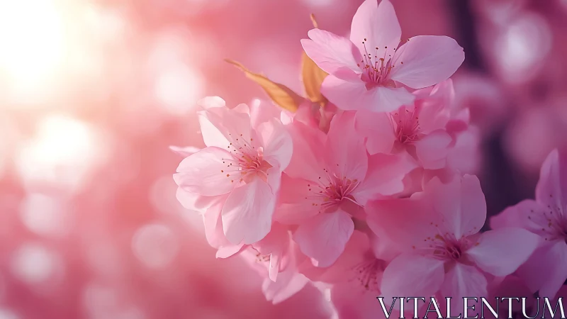 Pink Cherry Blossoms Illuminated by Soft Golden Sunlight.