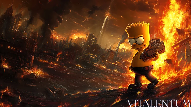 Cartoon rebel strides through incendiary dystopian cityscape.