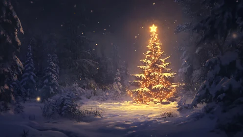 Lit Christmas tree glows in snowy forest clearing at night.