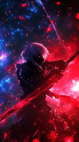 Dark swordsman silhouette in red and blue cosmic storm.