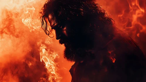 Silhouetted bearded man stands in intense surrounding flames