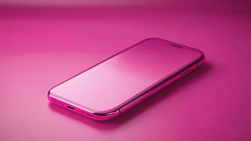 Contemporary smartphone rendered in monochromatic pink with metallic accents and reflective glass di