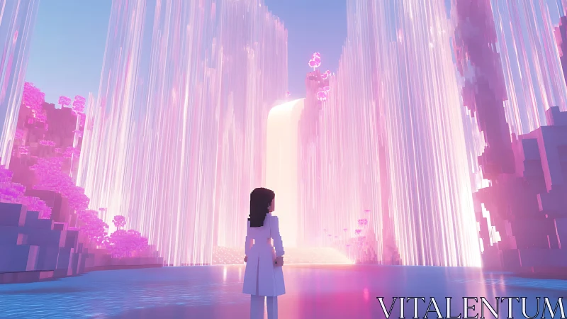 Voxel explorer facing radiant neon crystal waterfall.