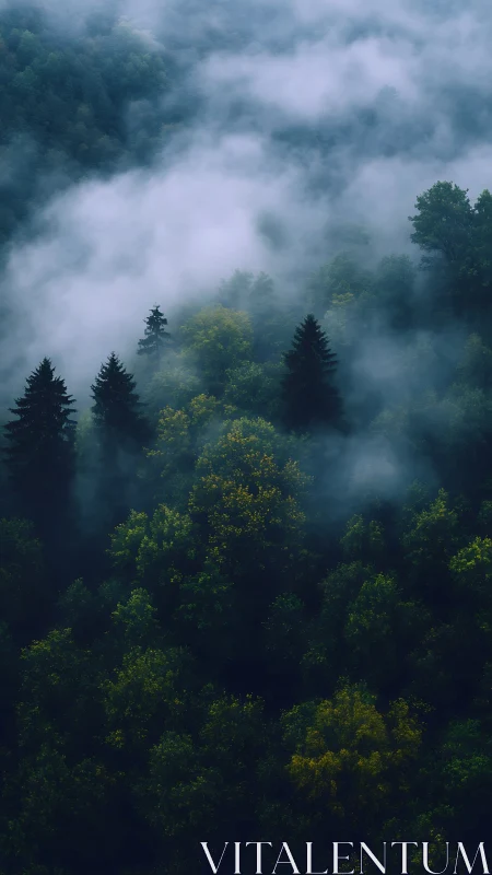 Misty Coniferous Forest Landscape with Atmospheric Fog.