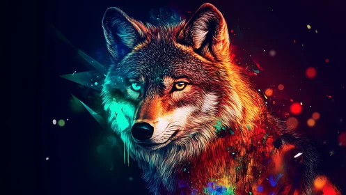 Digitally rendered wolf portrait with neon chromatic palette.