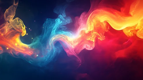 Vibrant streams of colored light twist across deep shadow